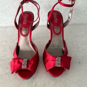 Charles by Charles David Red Satin Bow Heels with Rhinestone Accent